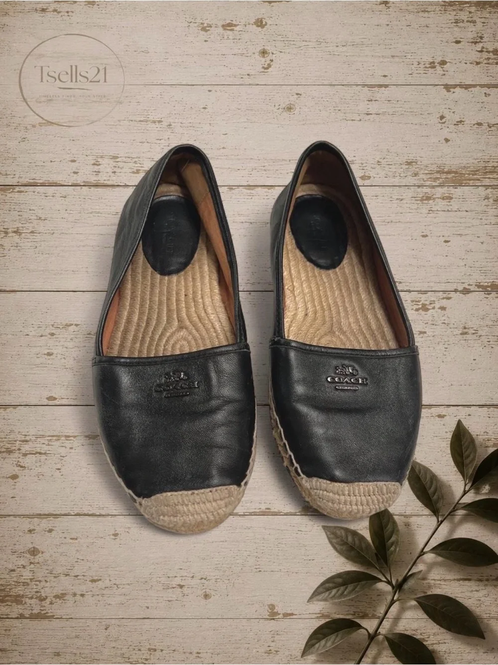Coach Rhodelle Black Lambskin Leather Espadrilles with Jute Toe